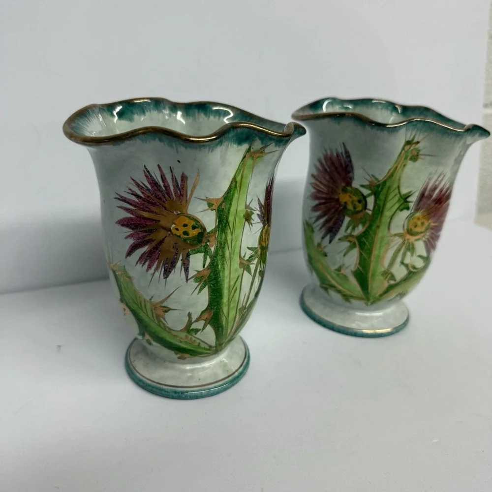 Set Of Italian Vases Hand Painted Thistle Aqua Purple Green‎ w/Gold Trim Ruffle